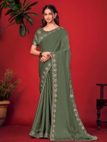 Olive Green Blooming Satin Saree With Readymade Blouse